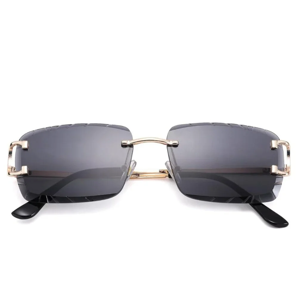 Mens Sunglasses Hip Hop‎ Style Dark Black Lens Gold Rimless Diamond Cut Classy